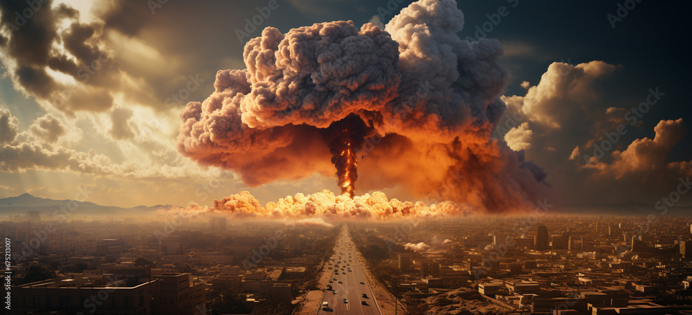 Nuclear Bomb Massive Explosion In Civil City 3D Art Work Spectacular Illustration Nuclear World