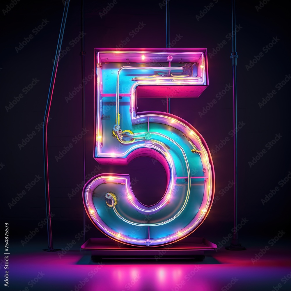Number 5 Five Futuristic Neon Font Digital Glowing Symbol Logo On Number 5 Five Futuristic Neon Font Digital Glowing Symbol Logo On