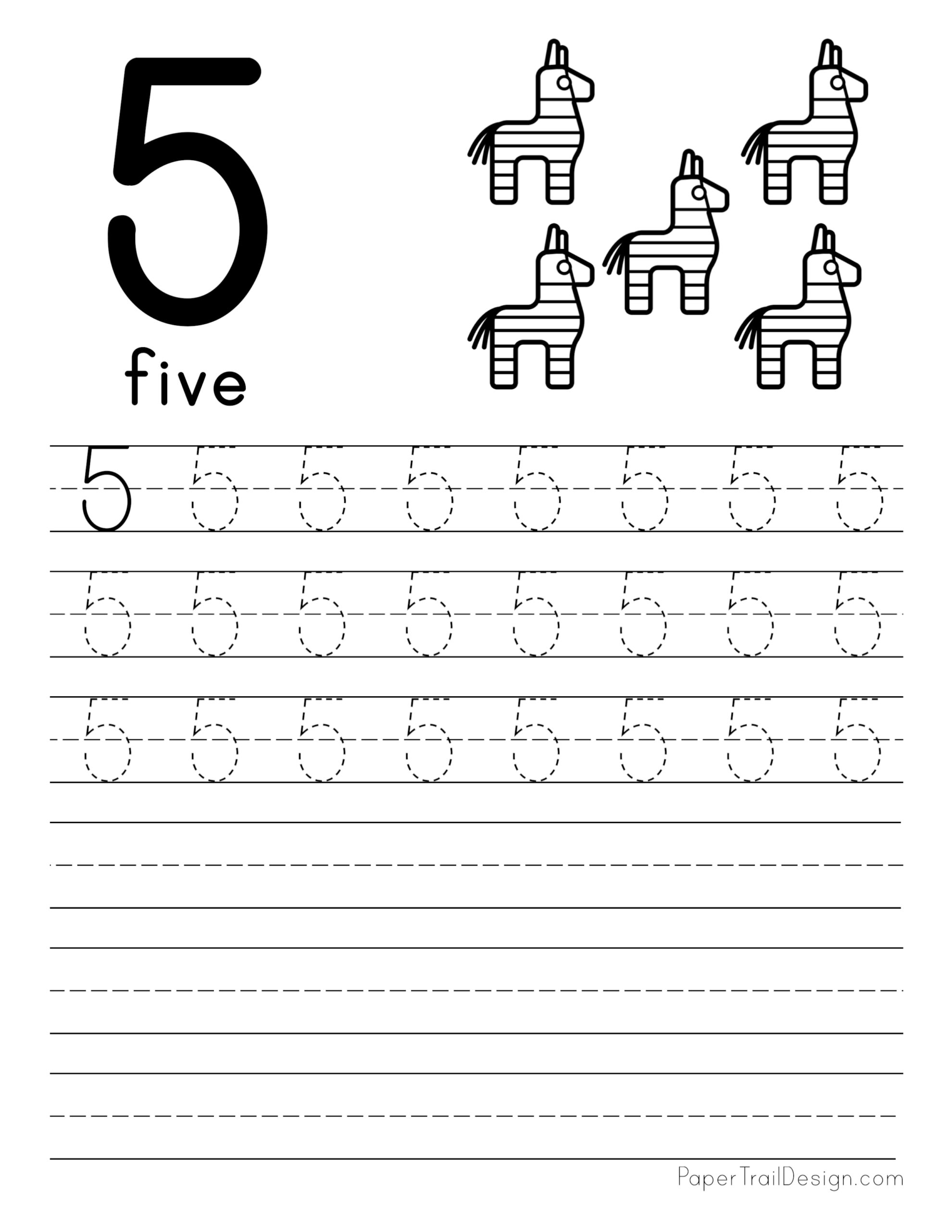 Tracing Number Five Preschool Worksheet
